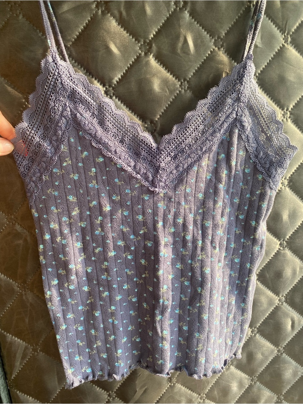 American Eagle Floral Lace Trim Pointelle Ribbed Cami Top EUC small